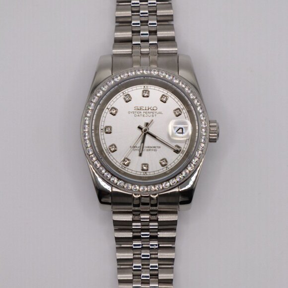 Hand Built Seiko Mod Date-Just | 39mm | CZ Diamond Bezel & Dial | NH35 Automatic - Picture 4 of 7